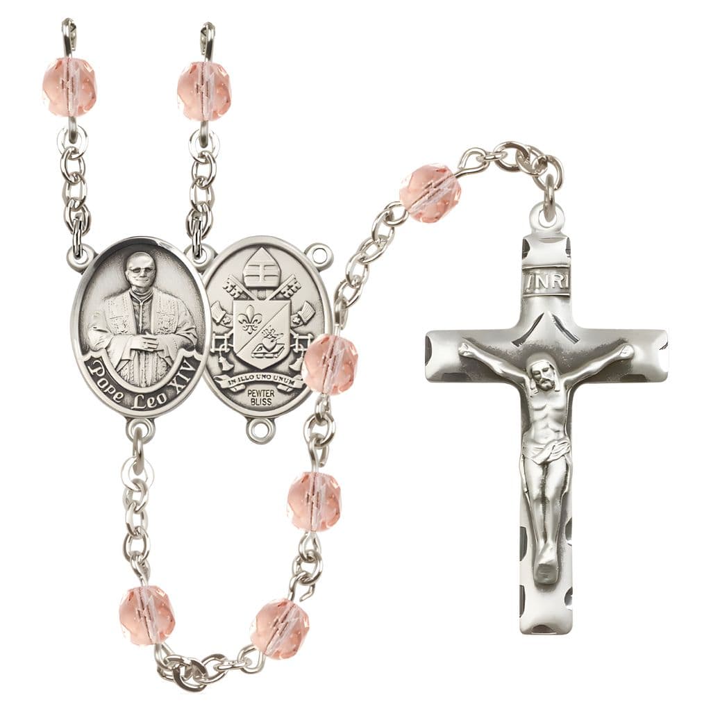 Bliss Pope Leo XIV Birthstone Engravable Rosary with Pewter Center and Crucifix, 6mm Fire Polished Beads in Pink for October