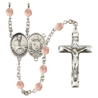 Pope Leo XIV Birthstone Engravable Rosary with Pewter Center and Crucifix, 6mm Fire Polished Beads in Pink for October, Bliss Manufacturing