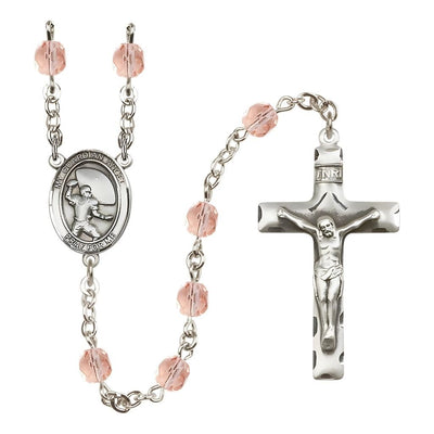 Guardian Angel Football Engravable Rosary with Pewter Crucifix and Centerpiece, Birthstone 6mm Fire Polished Pink Rose Beads for October, Bliss Manufacturing