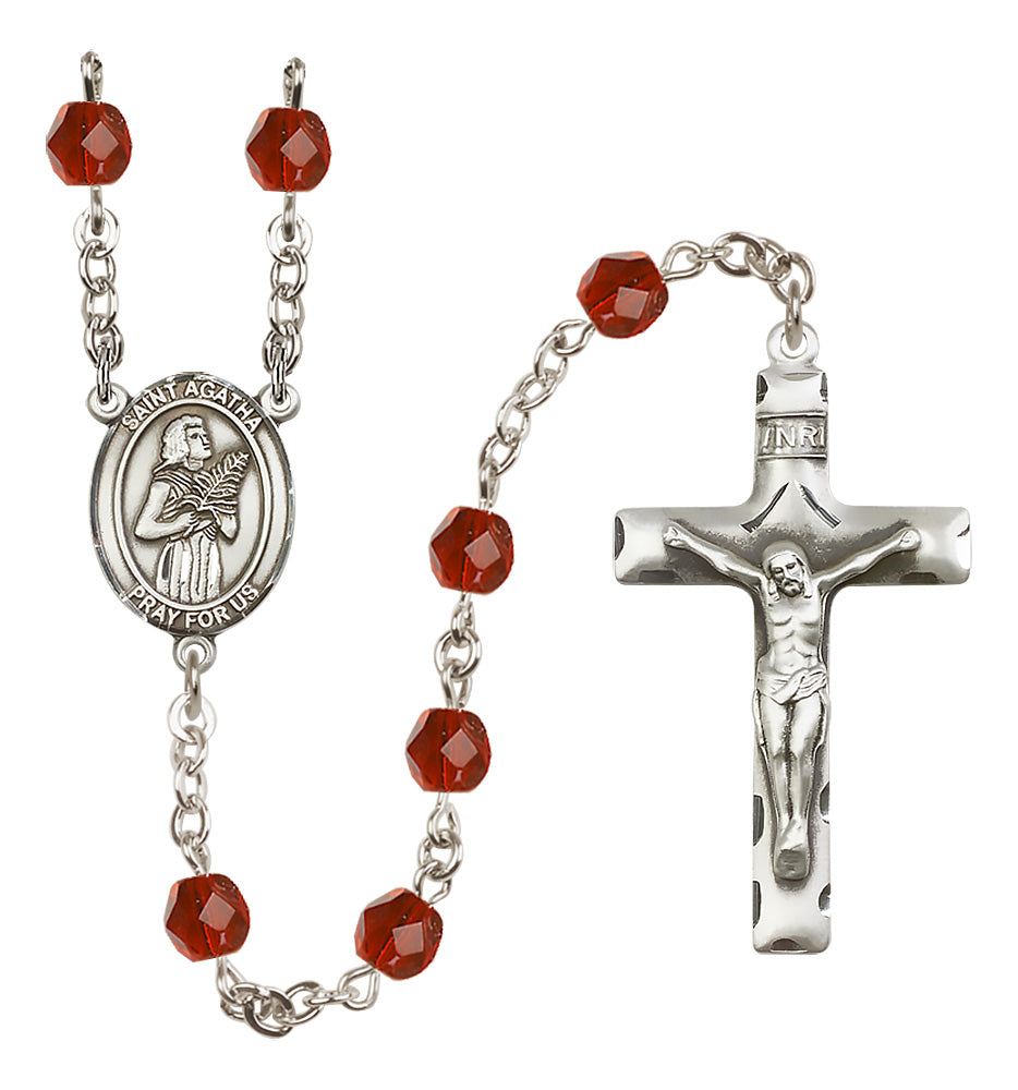 Bliss Silver Plated 6mm Fire Polished Saint Agatha Rosary in Ruby,