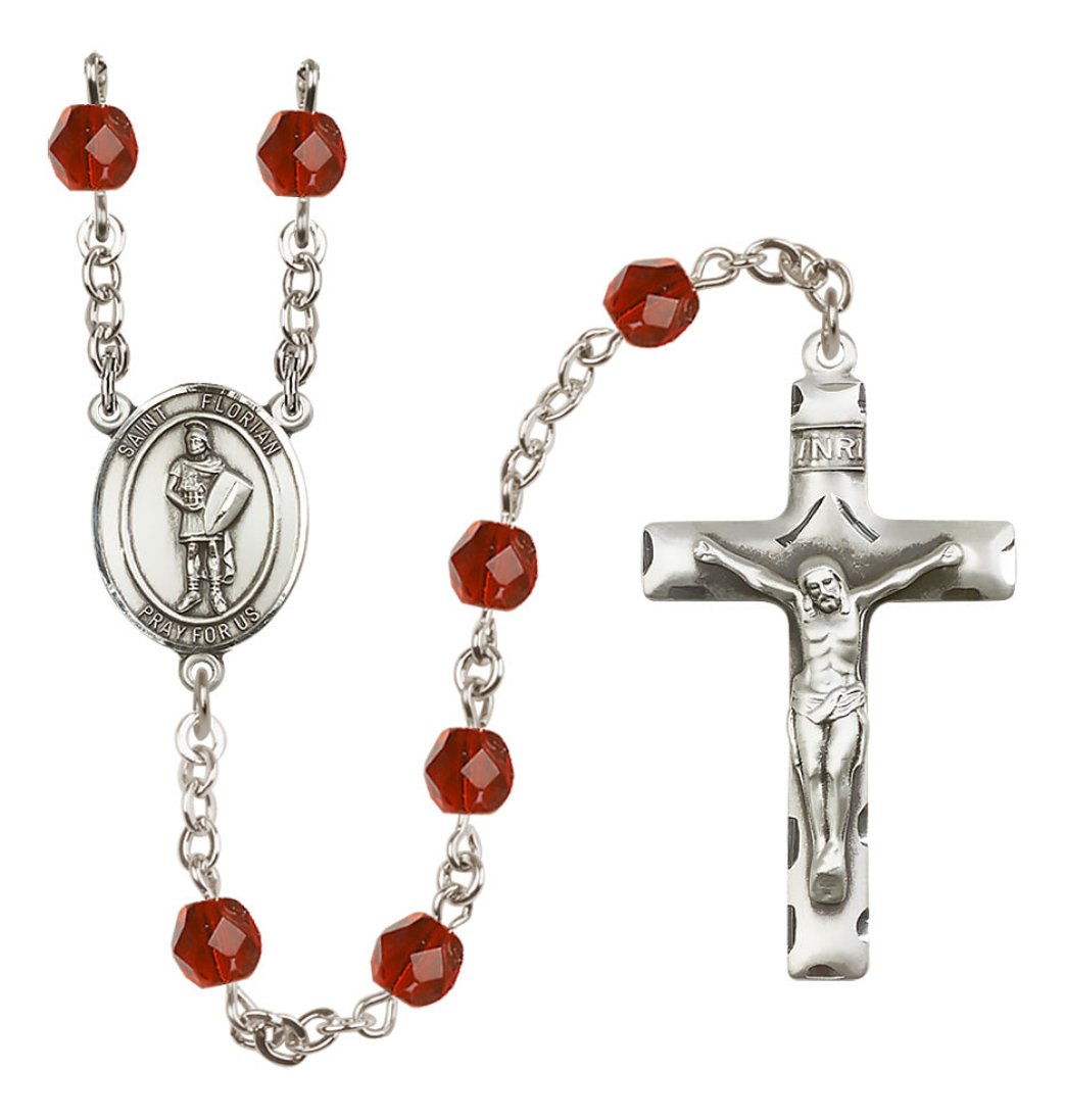 Bliss Oval St Florian Center Silver-Plated Crystal Birthstone Rosary in Ruby July Birthstone,