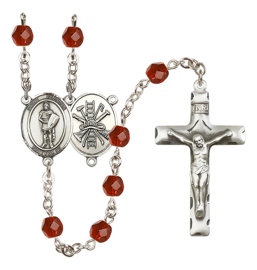 Bliss St Florian w/Firefighter Center Silver-Plated Ruby Crystal July Birthstone Rosary,