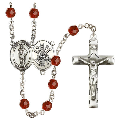 St Florian w/Firefighter Center Silver-Plated Ruby Crystal July Birthstone Rosary, Bliss Manufacturing