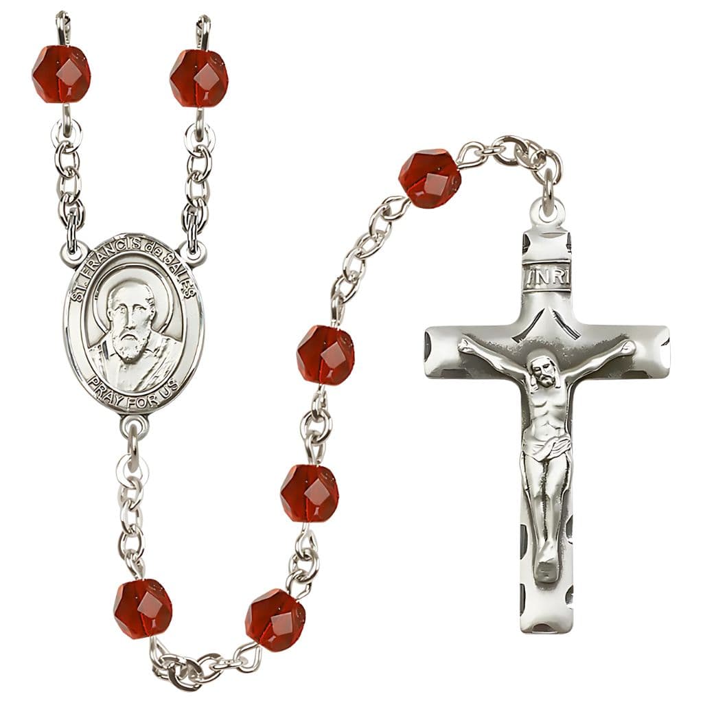 St. Francis de Sales 6mm Ruby Silver-Plated Catholic Rosary, handmade in the USA,