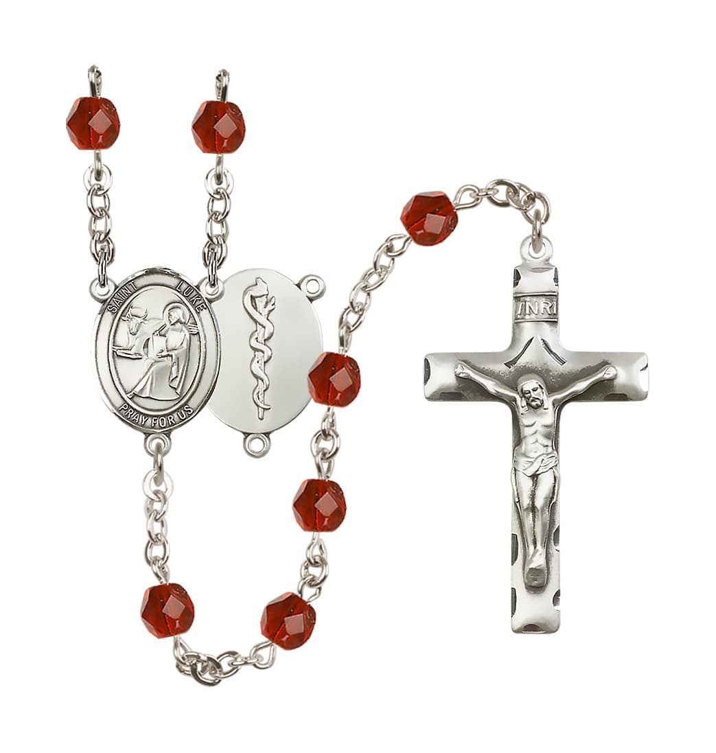 Bliss St Luke the Apostle Doctor Silver-Plated Crystal Birthstone Rosary in Ruby,