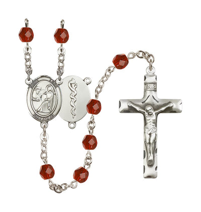 St Luke the Apostle Doctor Silver-Plated Crystal Birthstone Rosary in Ruby, Bliss Manufacturing