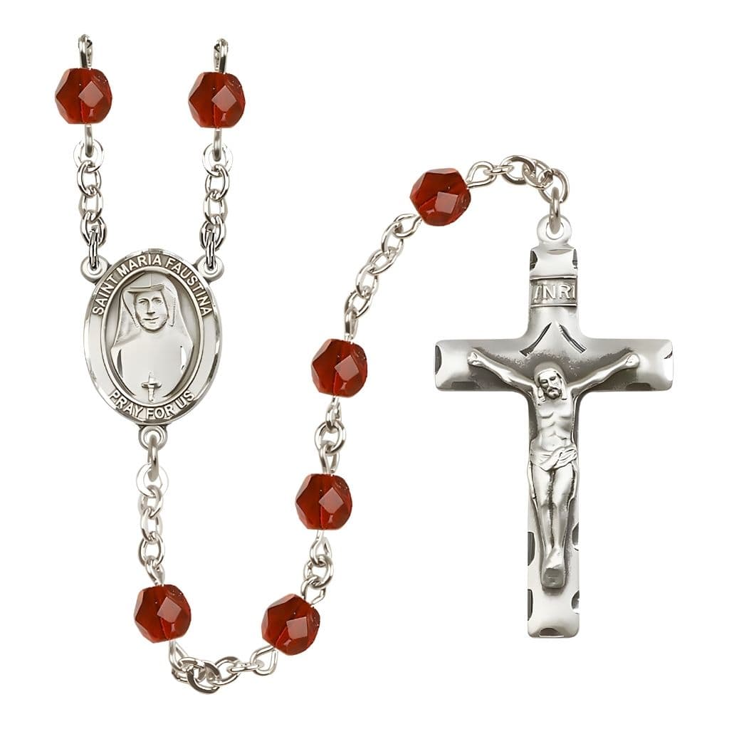 Bliss St. Maria Faustina Engraved Birthstone 6mm Ruby Fire Polished Silver-plated Rosary with Pewter Centerpiece and Crucifix,
