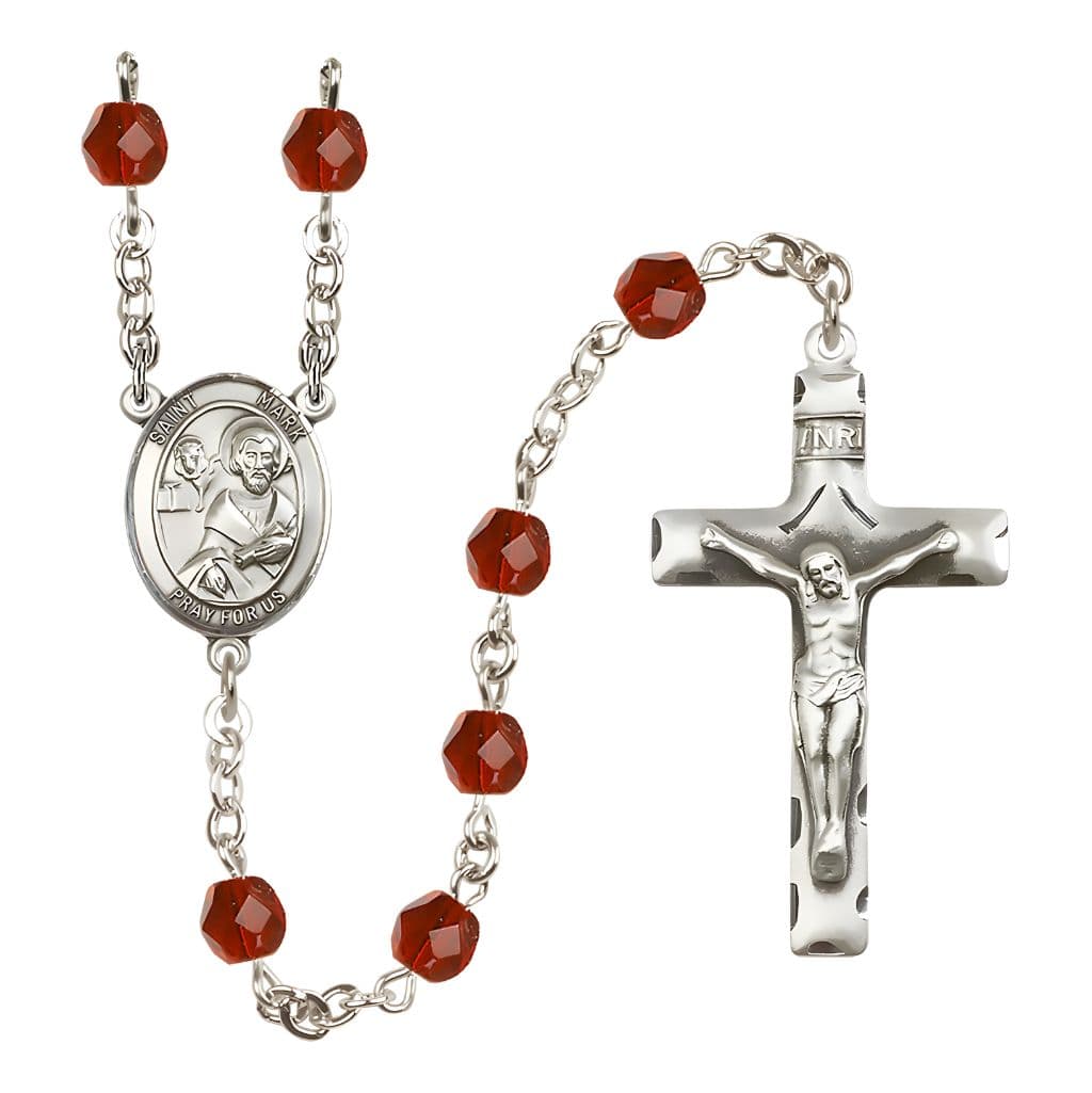 Bliss St. Mark the Evangelist Engravable Rosary with Pewter Crucifix and Centerpiece, Birthstone 6mm Fire Polished Ruby Beads for July