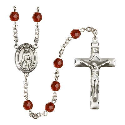 St. Peregrine Laziosi Engravable Rosary with Pewter Crucifix and Centerpiece, Birthstone 6mm Fire Polished Ruby Beads for July, Bliss Manufacturing