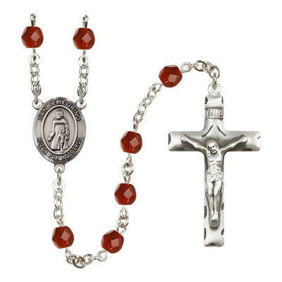 Spanish San Peregrino Engravable Rosary with Pewter Crucifix and Centerpiece, Birthstone 6mm Fire Polished Ruby Beads for July, Bliss Manufacturing