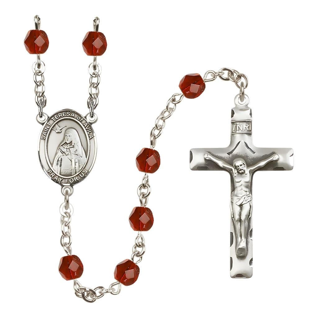 Bliss St. Teresa of Avila Engraved Birthstone 6mm Ruby Fire Polished Rosary with Pewter Centerpiece and Crucifix