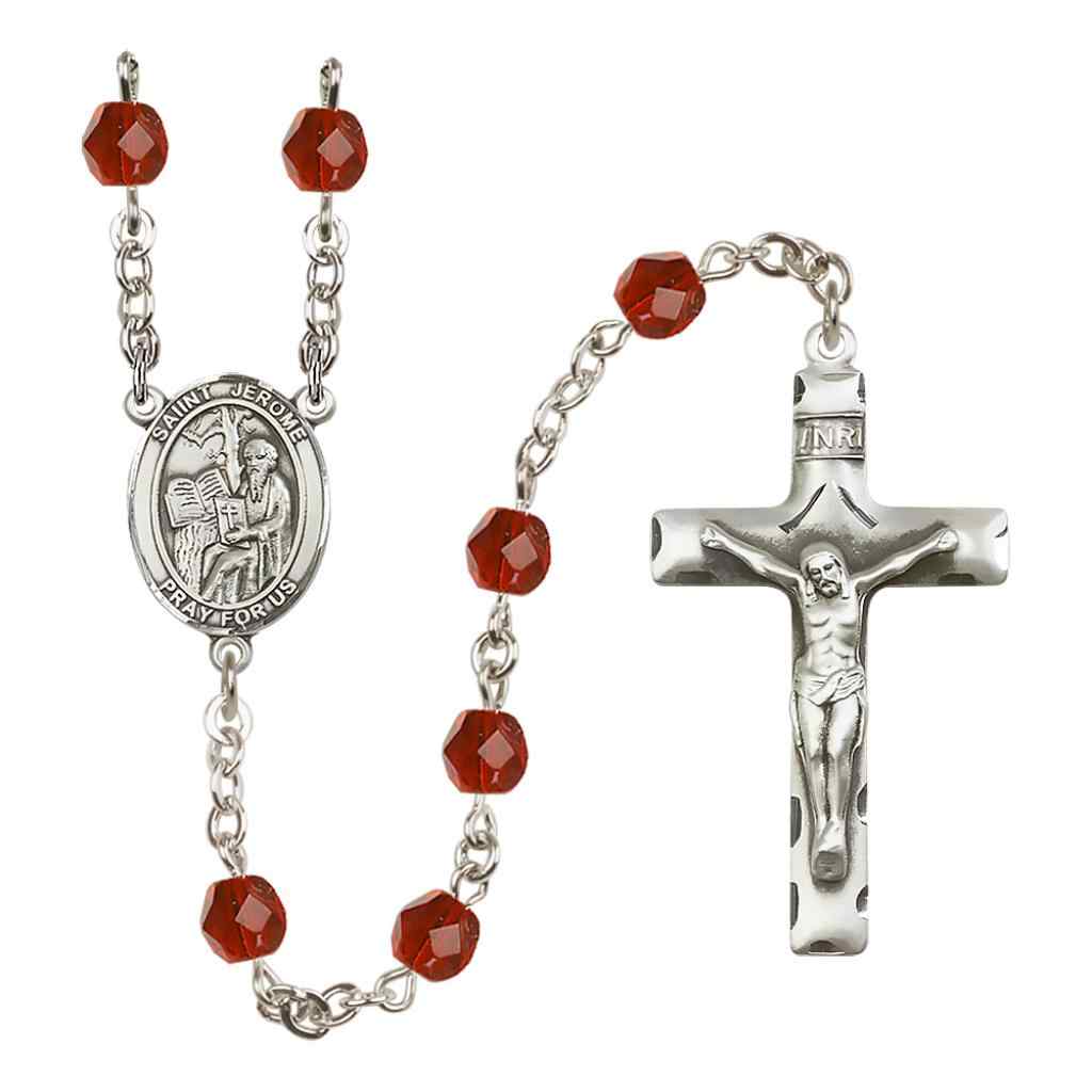 Saint Jerome Silver-plated Rosary with Pewter Crucifix and Centerpiece, Birthstone 6mm Fire Polished Ruby Beads for July