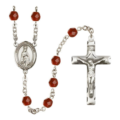 Our Lady of Fatimas Engravable Rosary with Pewter Crucifix and Centerpiece, Birthstone 6mm Fire Polished Ruby Beads for July, Bliss Manufacturing