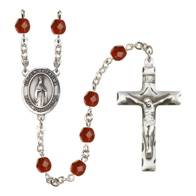 Spanish Virgen de Fatima Engravable Rosary with Pewter Crucifix and Centerpiece, Birthstone 6mm Fire Polished Ruby Beads for July, Bliss Manufacturing