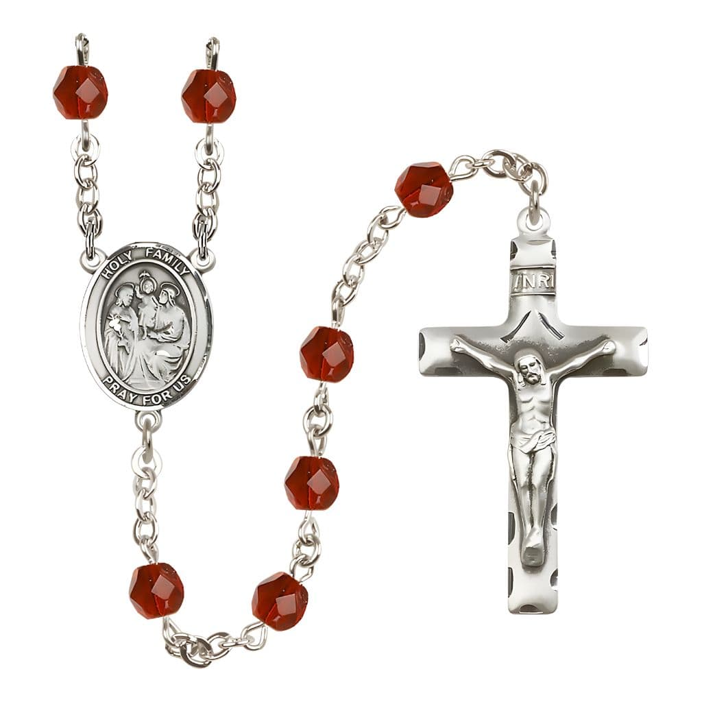 Bliss Holy Family Engravable Rosary with Pewter Crucifix and Centerpiece, Birthstone 6mm Fire Polished Ruby Beads for July