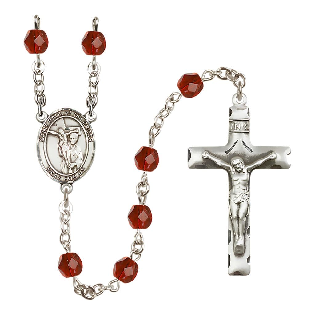 Bliss St. Paul of the Cross Engravable Rosary with Pewter Crucifix and Centerpiece, Birthstone 6mm Fire Polished Ruby Beads for July