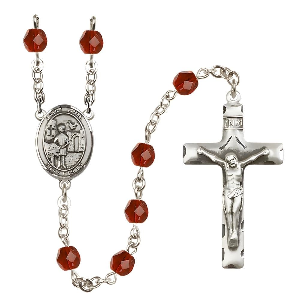 Bliss St. Vitus Engravable Rosary with Pewter Crucifix and Centerpiece, Birthstone 6mm Fire Polished Ruby Beads for July