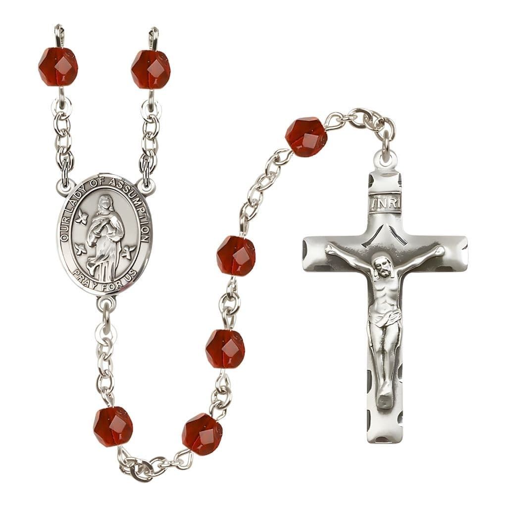 Our Lady of Assumption Engraved Birthstone 6mm Ruby Fire Polished Silver-plated Rosary with Pewter Centerpiece and Crucifix