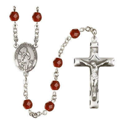 Our Lady of Assumption Engraved Birthstone 6mm Ruby Fire Polished Silver-plated Rosary with Pewter Centerpiece and Crucifix, Bliss Manufacturing