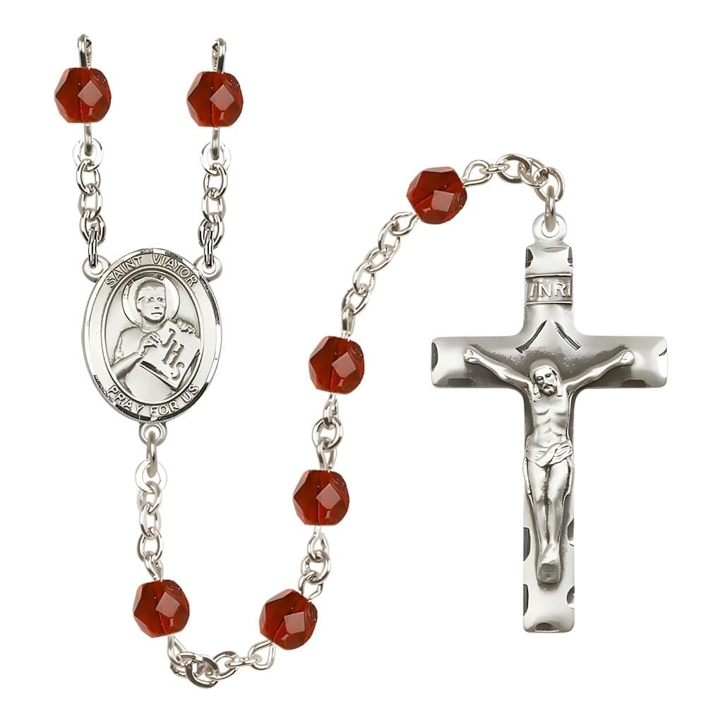 Bliss St. Viator of Bergamo Engravable Rosary with Pewter Crucifix and Centerpiece, Birthstone 6mm Fire Polished Ruby Beads for July