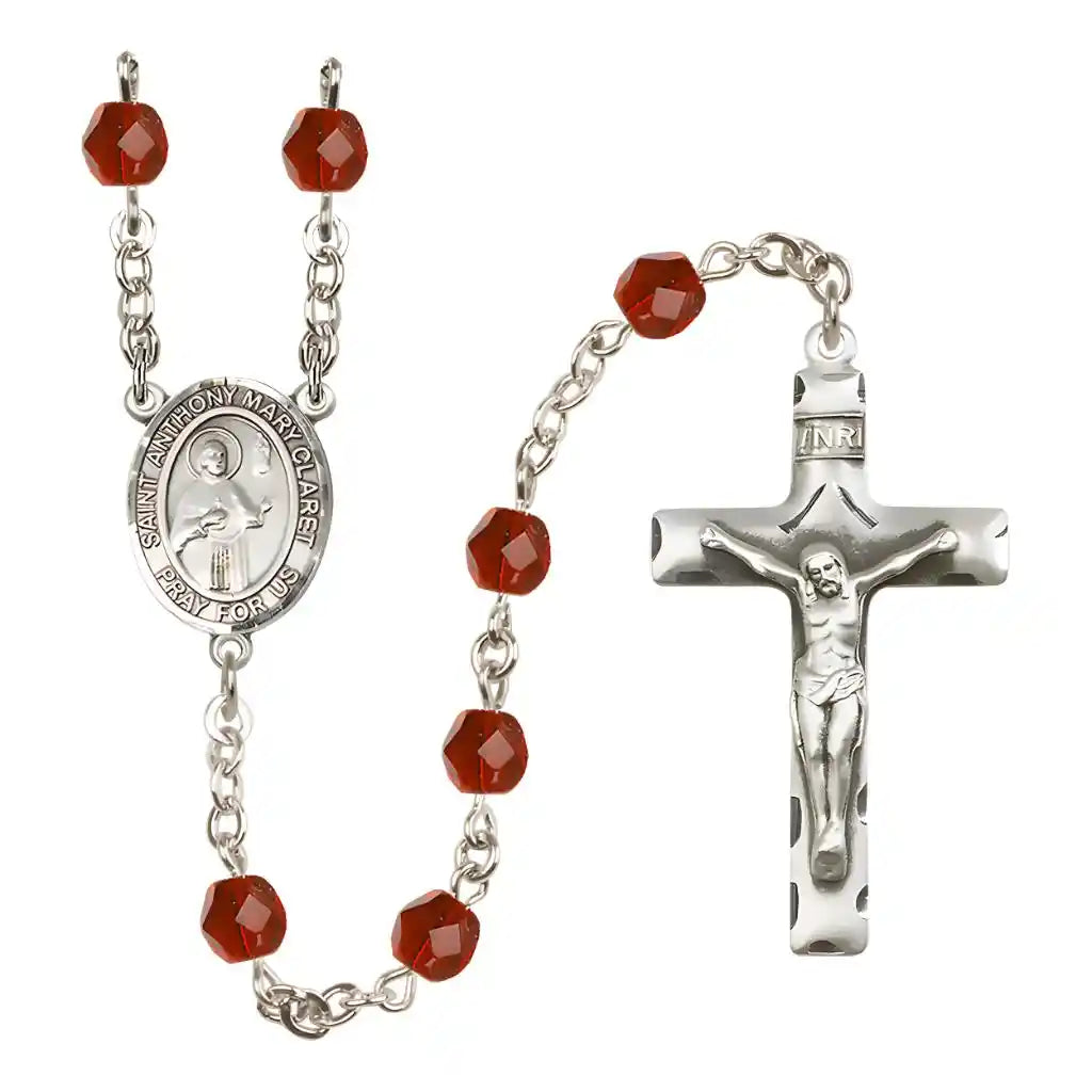 Saint Anthony Mary Claret Silver-plated Rosary with Pewter Crucifix and Centerpiece, Birthstone 6mm Fire Polished Ruby Beads for July