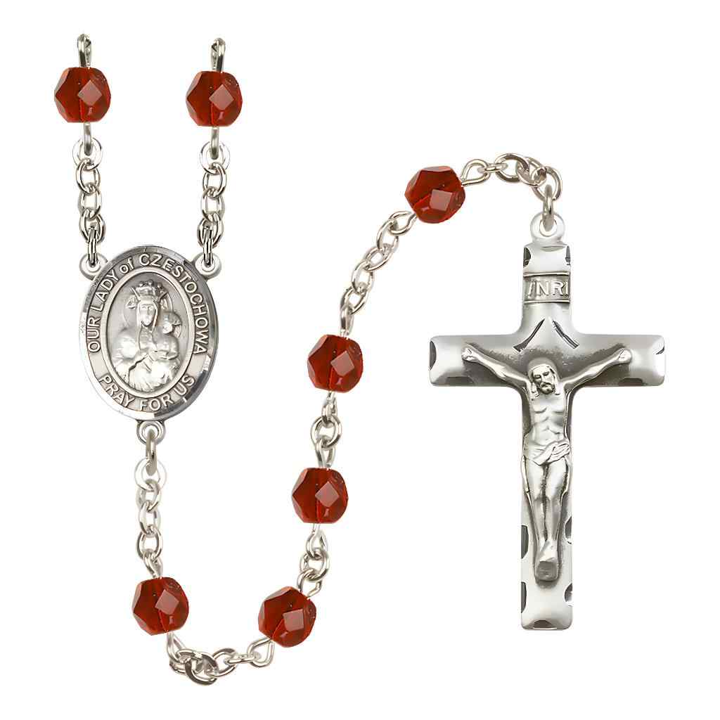 Our Lady of Czestochowa Silver-plated Rosary with Pewter Crucifix and Centerpiece, Birthstone 6mm Fire Polished Ruby Beads for July