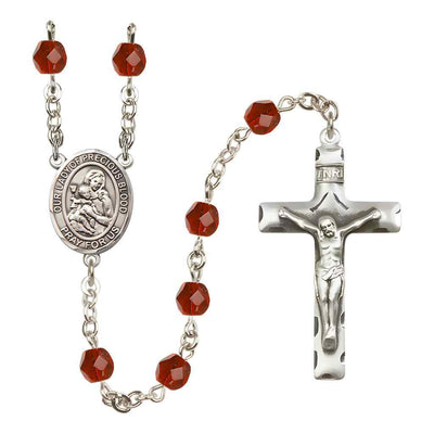 Our Lady of the Precious Blood Rosary with Pewter Traditional Crucifix and Oval Centerpiece, Birthstone 6mm Fire Polished Ruby Beads for July