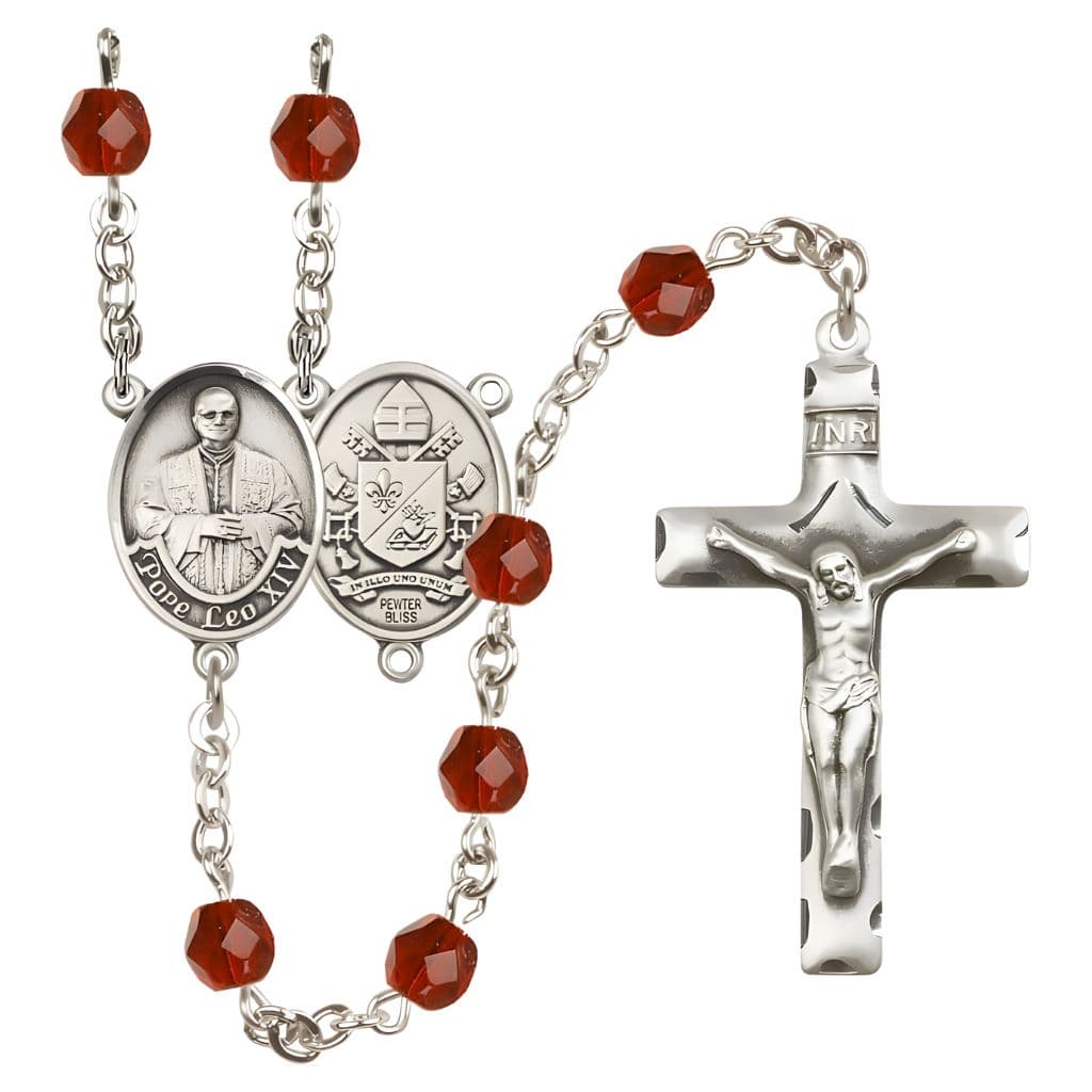 Bliss Pope Leo XIV Birthstone Engravable Rosary with Pewter Center and Crucifix, 6mm Fire Polished Beads in Ruby for July