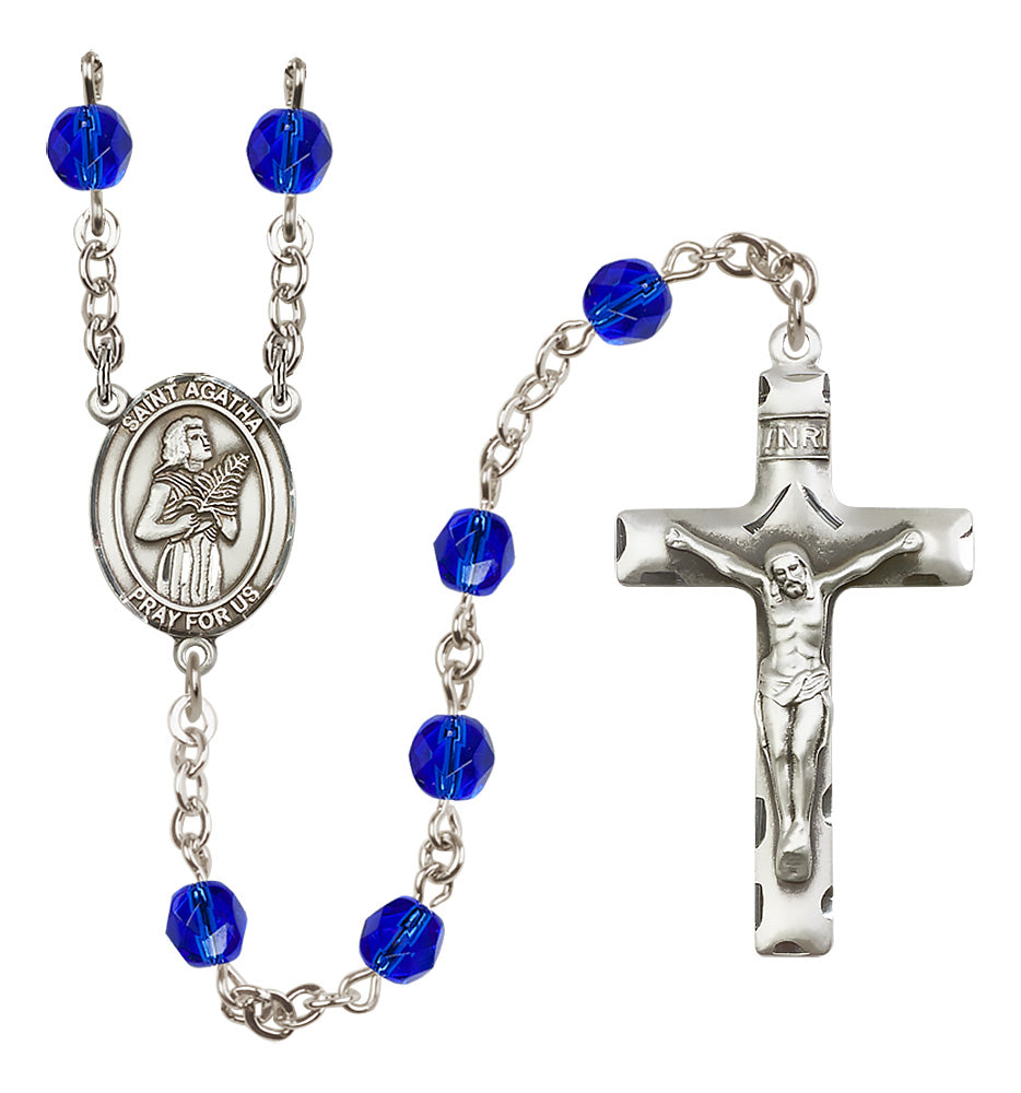 Bliss Silver Plated 6mm Fire Polished Saint Agatha Rosary in Sapphire,