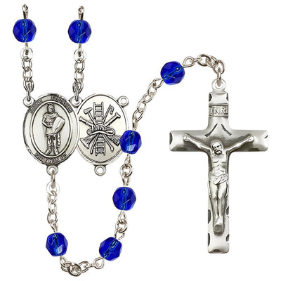 St Florian w/Firefighter Center Silver-Plated Sapphire Crystal September Birthstone Rosary, Bliss Manufacturing