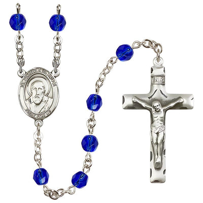 St. Francis de Sales 6mm Sapphire Silver-Plated Catholic Rosary, handmade in the USA, Bliss Manufacturing