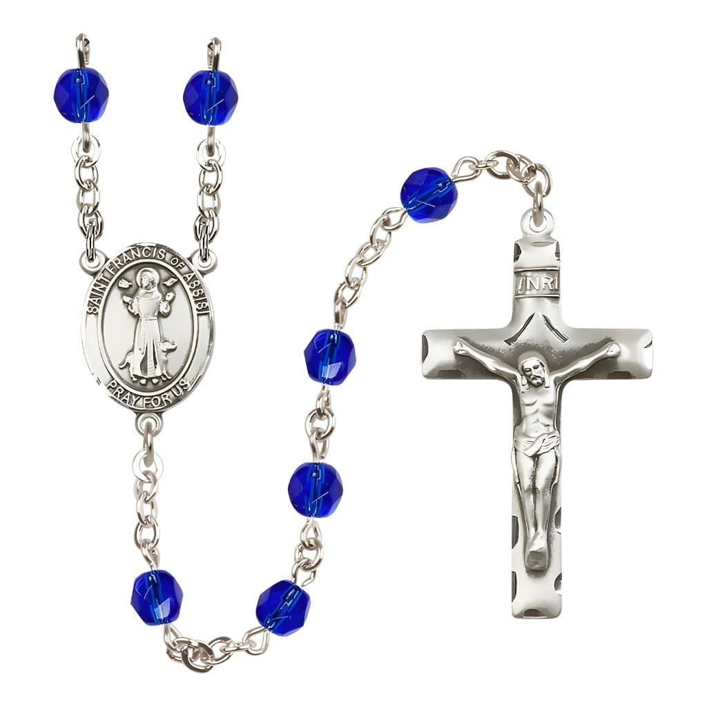 St. Francis of Assisi Sapphire 6mm Fire Polished Birthstone Engravable Silver-plated Rosary with Pewter Centerpiece and Crucifix, USA Made