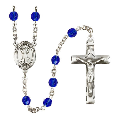St. Francis of Assisi Sapphire 6mm Fire Polished Birthstone Engravable Silver-plated Rosary with Pewter Centerpiece and Crucifix, USA Made, Bliss Manufacturing
