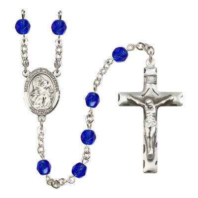 St. Gabriel the Archangel Engravable Rosary with Pewter Crucifix and Centerpiece, Birthstone 6mm Fire Polished Sapphire Beads for September, Bliss Manufacturing