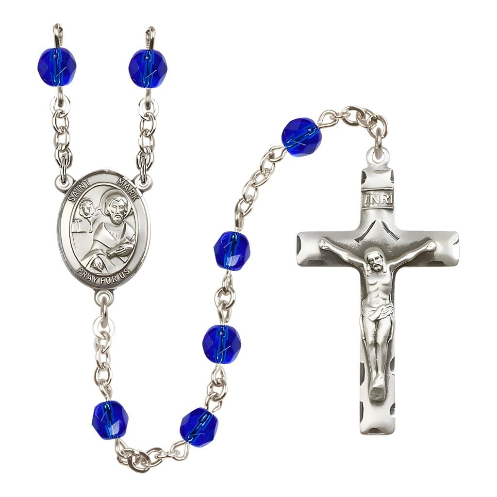Bliss St. Mark the Evangelist Engravable Rosary with Pewter Crucifix and Centerpiece, Birthstone 6mm Fire Polished Sapphire Beads for September