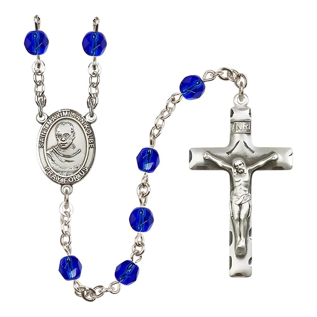 St. Maximilian Kolbe Birthstone Fire Polished Rosary with 6mm Sapphire Beads and Pewter Center and Crucifix,