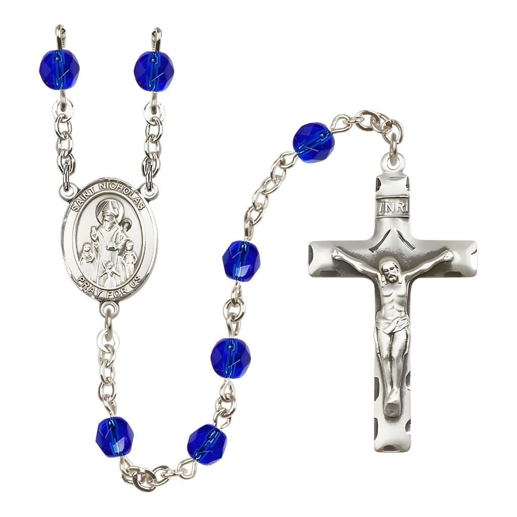 Bliss St. Nicholas Engravable Rosary with Pewter Centerpiece and Crucifix, September Birthstone 6mm Sapphire Fire Polish Beads