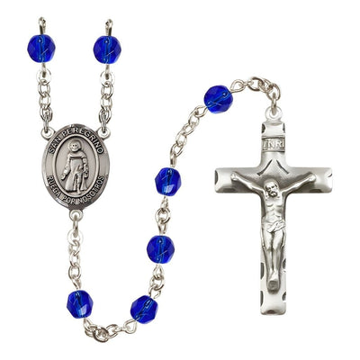 Spanish San Peregrino Engravable Rosary with Pewter Crucifix and Centerpiece, Birthstone 6mm Fire Polished Sapphire Beads for September, Bliss Manufacturing
