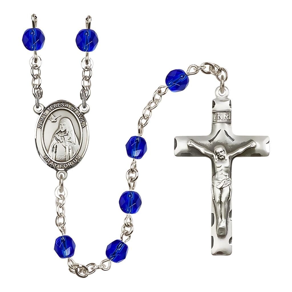 Bliss St. Teresa of Avila Engraved Birthstone 6mm Sapphire Fire Polished Rosary with Pewter Centerpiece and Crucifix
