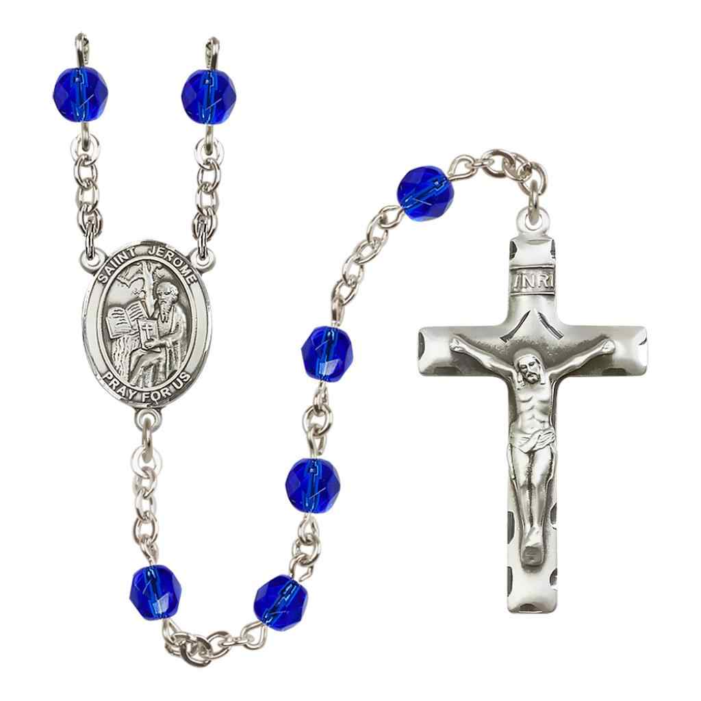 Saint Jerome Silver-plated Rosary with Pewter Crucifix and Centerpiece, Birthstone 6mm Fire Polished Sapphire Beads for September