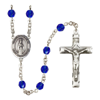 Spanish Virgen de Fatima Engravable Rosary with Pewter Crucifix and Centerpiece, Birthstone 6mm Fire Polished Sapphire Beads for September, Bliss Manufacturing