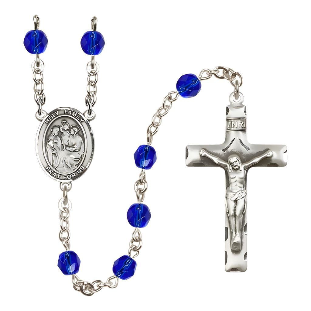 Bliss Holy Family Engravable Rosary with Pewter Crucifix and Centerpiece, Birthstone 6mm Fire Polished Sapphire Beads for September
