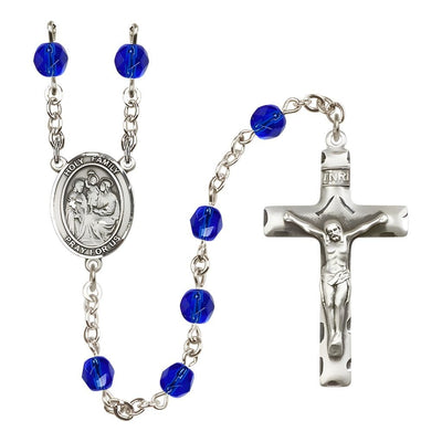 Holy Family Engravable Rosary with Pewter Crucifix and Centerpiece, Birthstone 6mm Fire Polished Sapphire Beads for September, Bliss Manufacturing