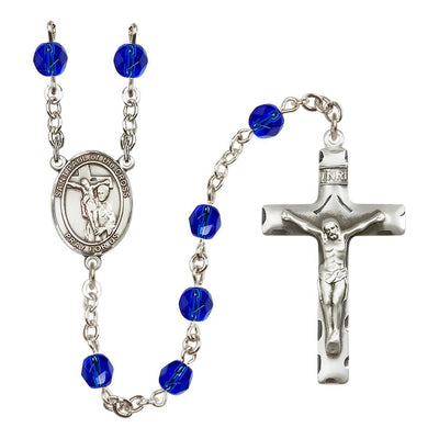St. Paul of the Cross Engravable Rosary with Pewter Crucifix and Centerpiece, Birthstone 6mm Fire Polished Sapphire Beads for September, Bliss Manufacturing