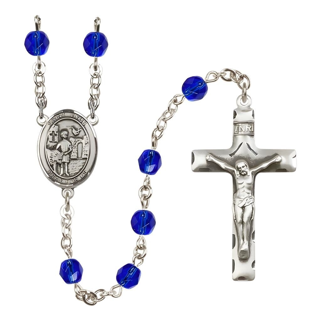 Bliss St. Vitus Engravable Rosary with Pewter Crucifix and Centerpiece, Birthstone 6mm Fire Polished Sapphire Beads for September