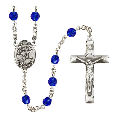 St. Vitus Engravable Rosary with Pewter Crucifix and Centerpiece, Birthstone 6mm Fire Polished Sapphire Beads for September, Bliss Manufacturing