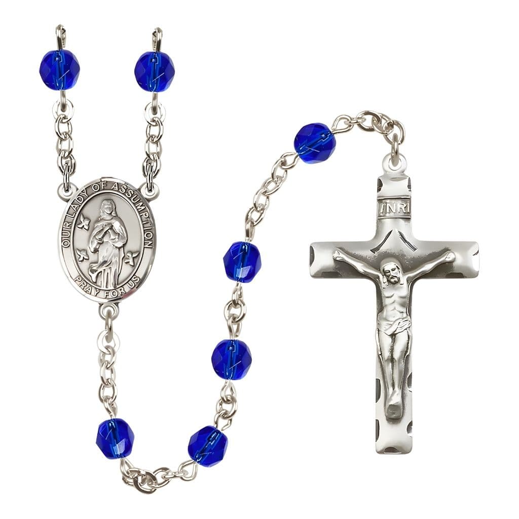 Our Lady of Assumption Engraved Birthstone 6mm Sapphire Fire Polished Silver-plated Rosary with Pewter Centerpiece and Crucifix
