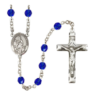 Our Lady of Assumption Engraved Birthstone 6mm Sapphire Fire Polished Silver-plated Rosary with Pewter Centerpiece and Crucifix, Bliss Manufacturing