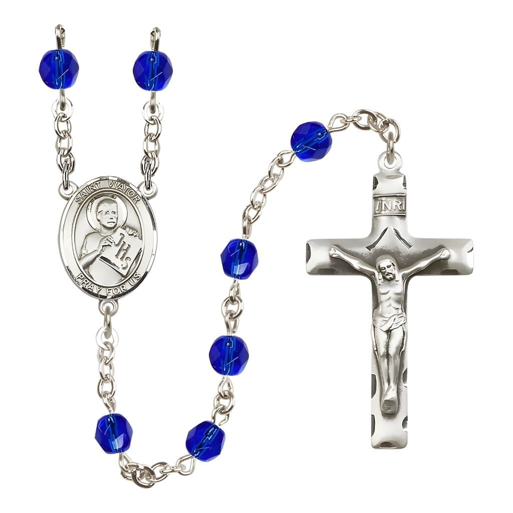 Bliss St. Viator of Bergamo Engravable Rosary with Pewter Crucifix and Centerpiece, Birthstone 6mm Fire Polished Sapphire Beads for September