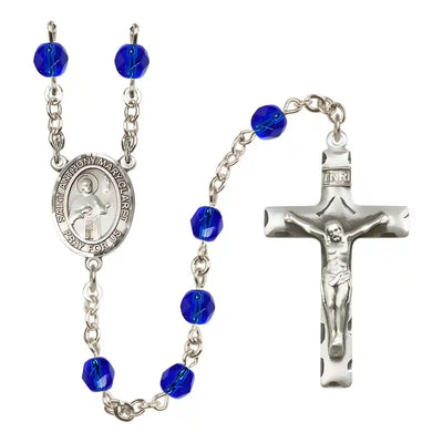 Saint Anthony Mary Claret Silver-plated Rosary with Pewter Crucifix and Centerpiece, Birthstone 6mm Fire Polished Sapphire Beads for September